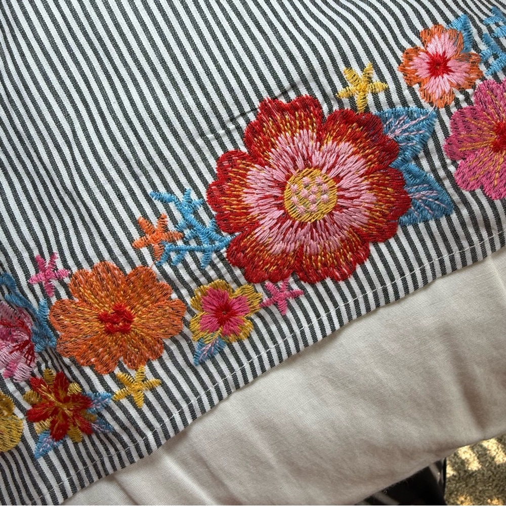 Savanna Jane Dress Large Floral Embroidered Striped Blue Ruffle Shift Travel - Picture 7 of 11